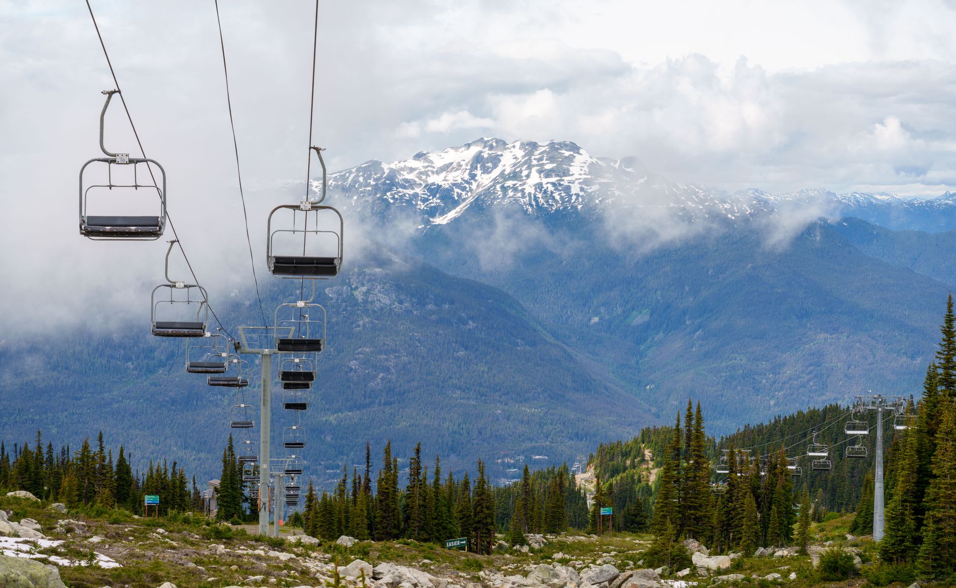 Whistler mountain village and alpine peaks in British Columbia