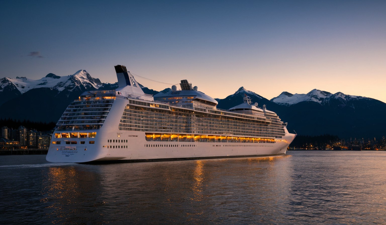 Massive cruise liner in Vancouver harbour at twilight