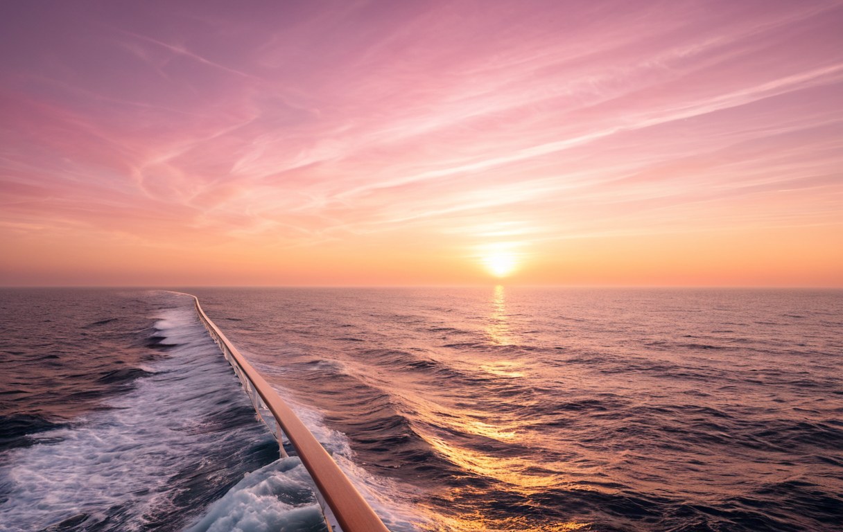 Cruise ship on the Pacific coastal ocean at sunset