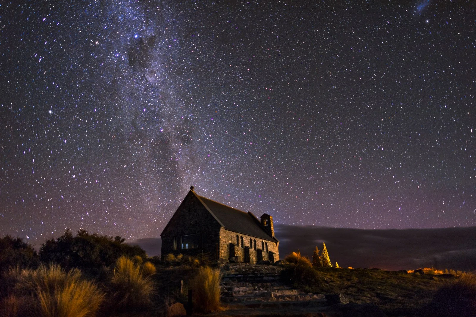 Star-filled night sky over Church of the Good Shepherd, Lake Tekapo, New Zealand.