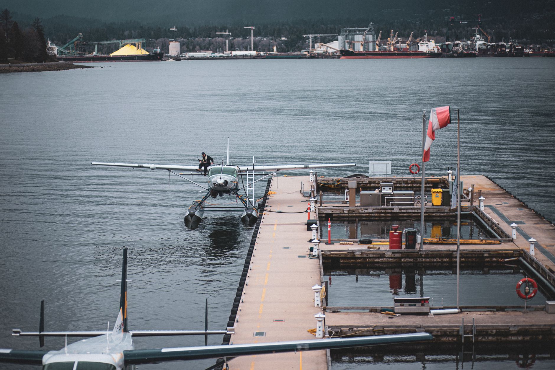 Seaplane at Vancouver harbour with cityscape