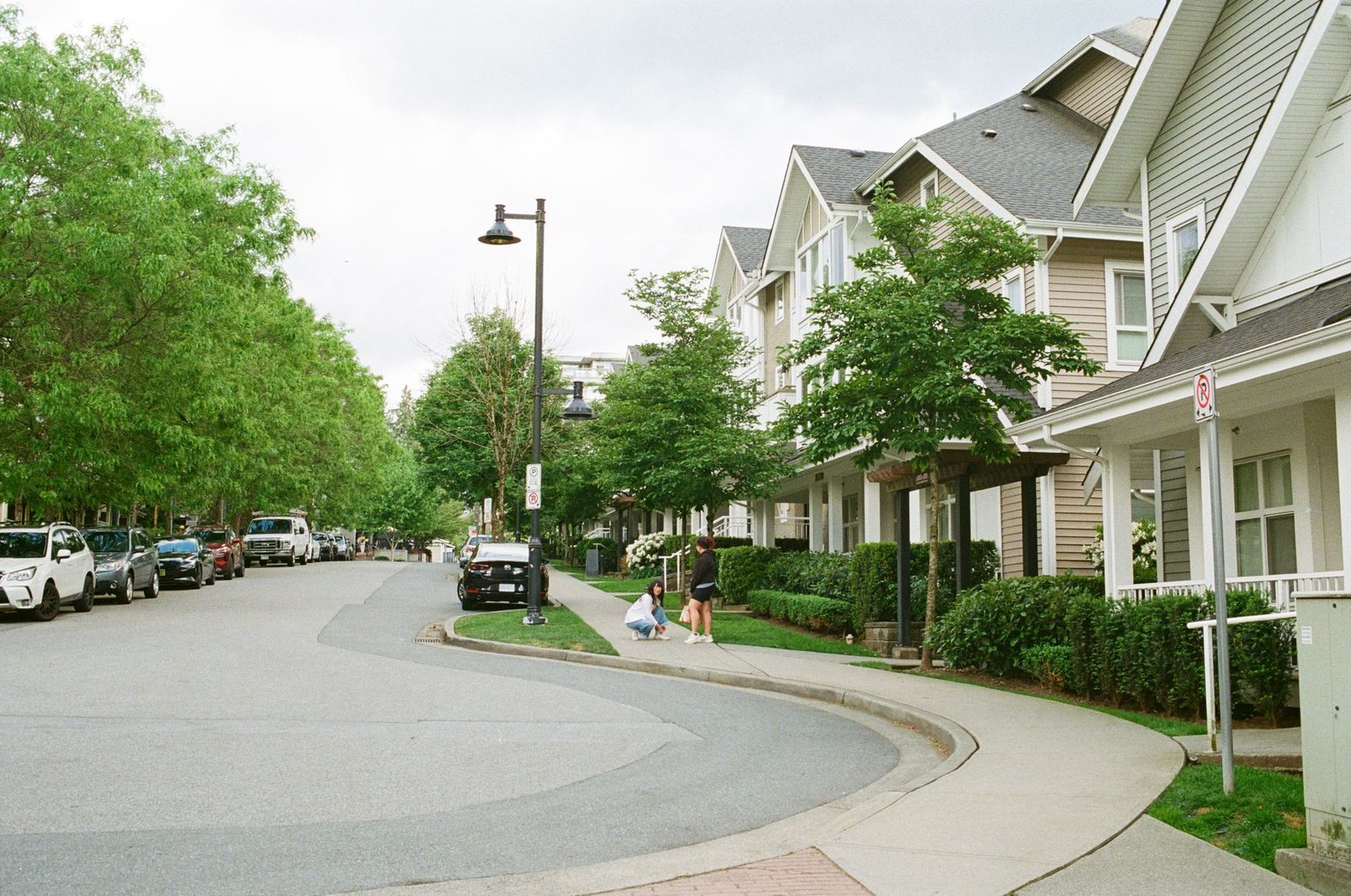 A quiet tree-lined residential street with townhouses in Metro Vancouver