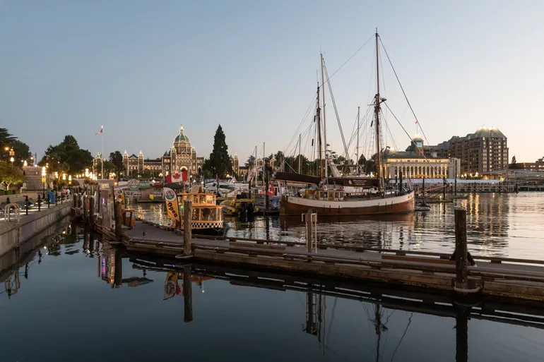 The Empress Hotel and Inner Harbour at dusk, Victoria BC