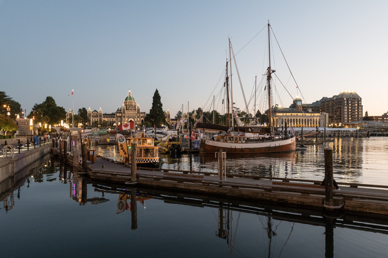 The Empress Hotel and Inner Harbour at dusk, Victoria BC