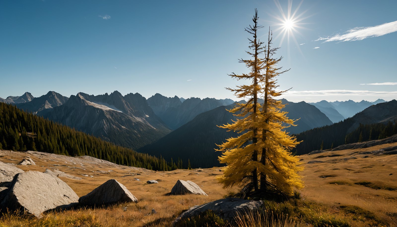 Golden alpine larches on a rocky subalpine meadow below granite ridges and a clear blue sky