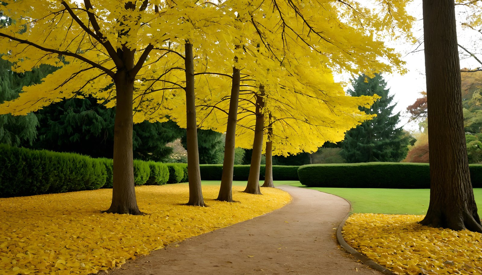 Golden ginkgo trees over a lawn carpeted with fallen yellow leaves, dark conifers behind