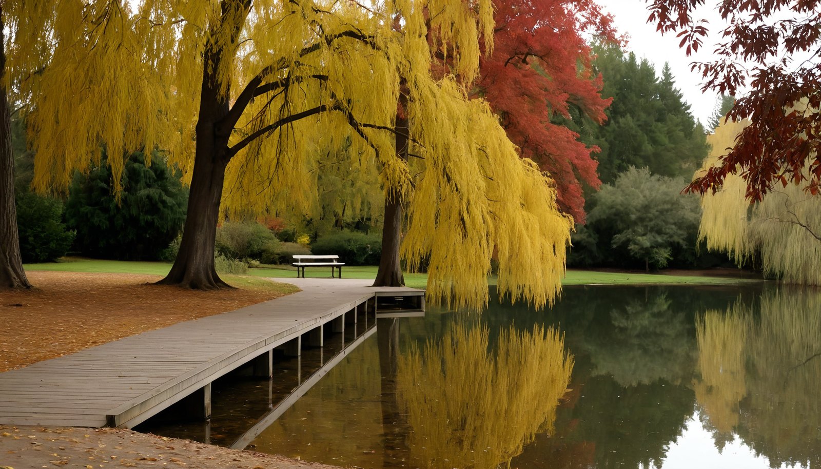 Golden weeping willows and a red maple reflected in a calm park lake beside a wooden boardwalk
