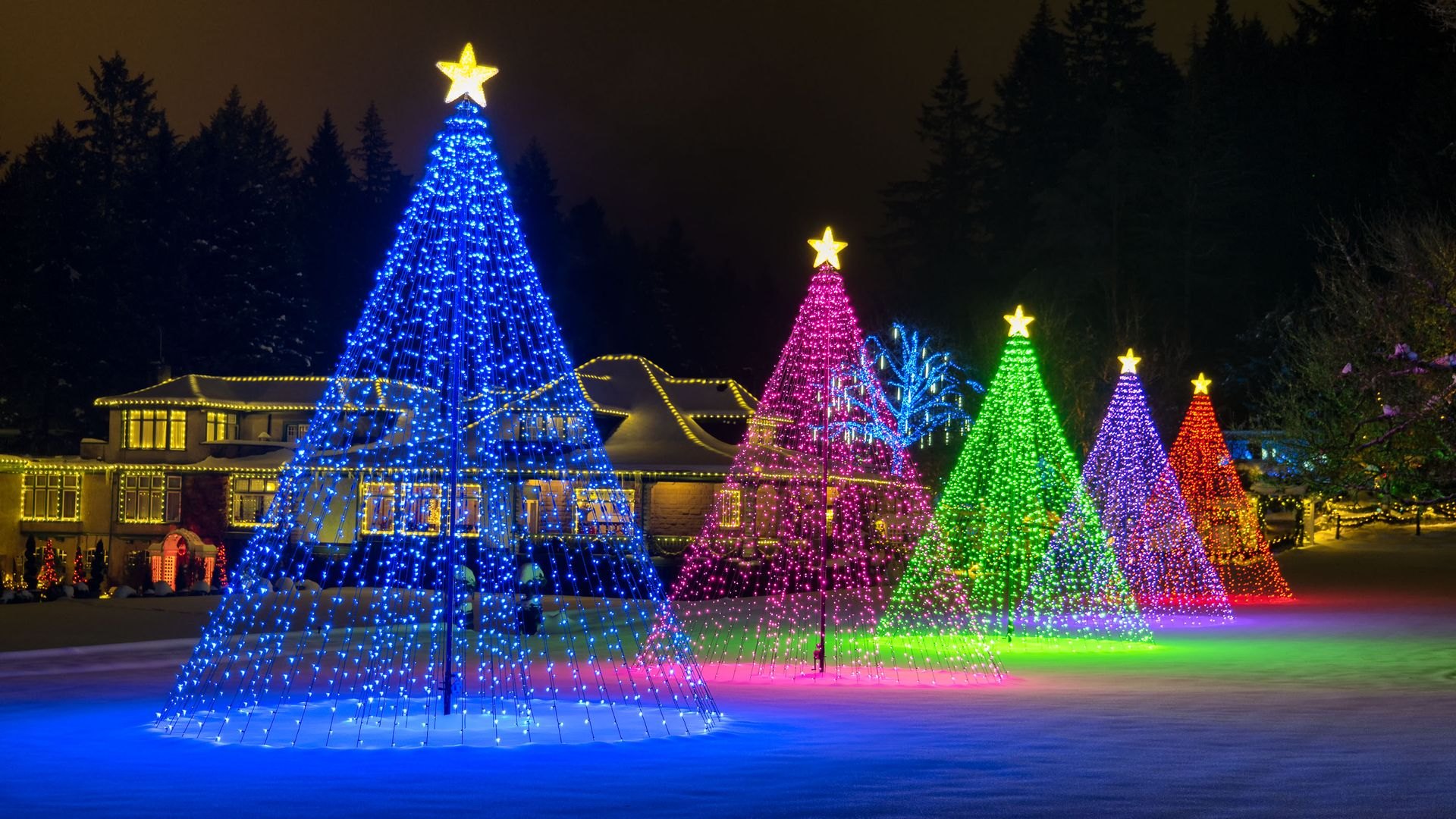 Cone-shaped Christmas light trees glowing on a snowy lawn at night