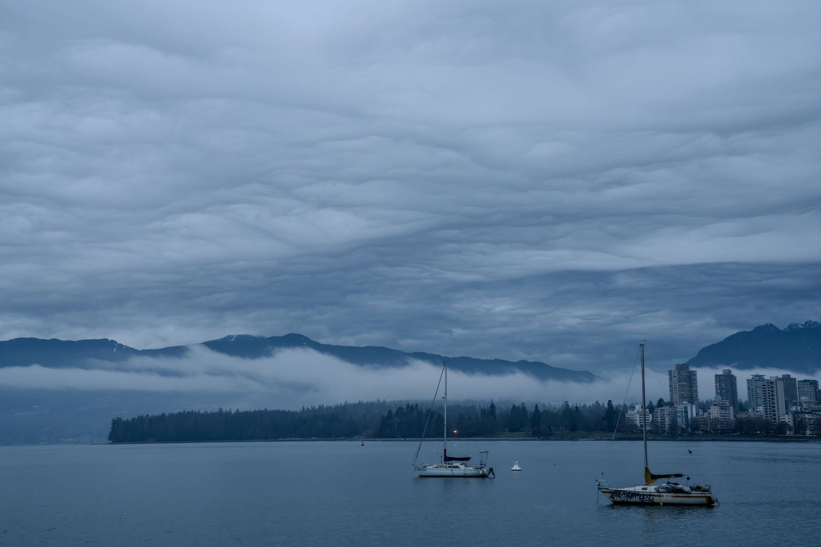 Low November cloud over English Bay, Stanley Park and the North Shore mountains