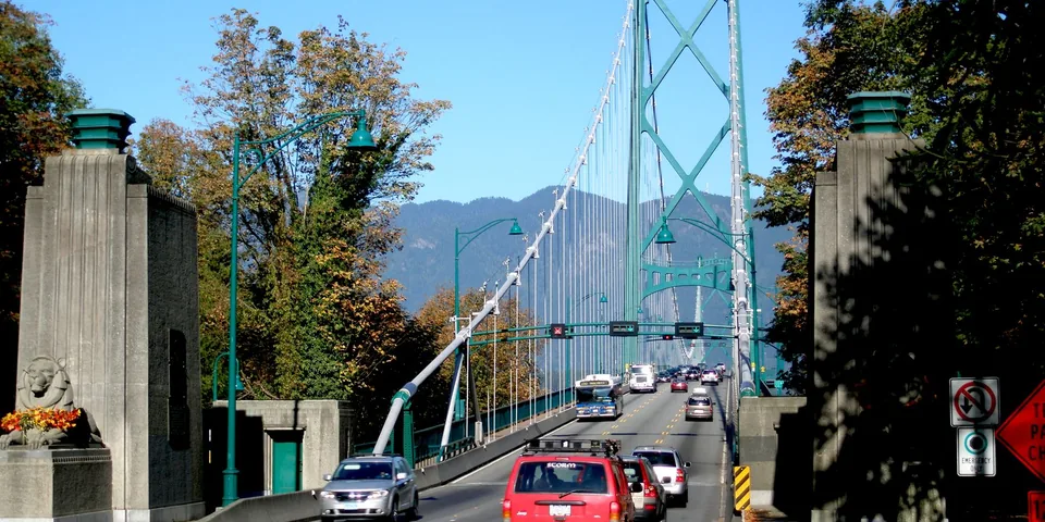 Traffic crossing Lions Gate Bridge in Vancouver