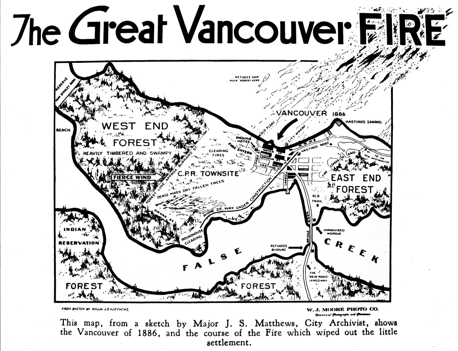 Photograph of Vancouver after the Great Fire of 13 June 1886, showing the burnt-out townsite