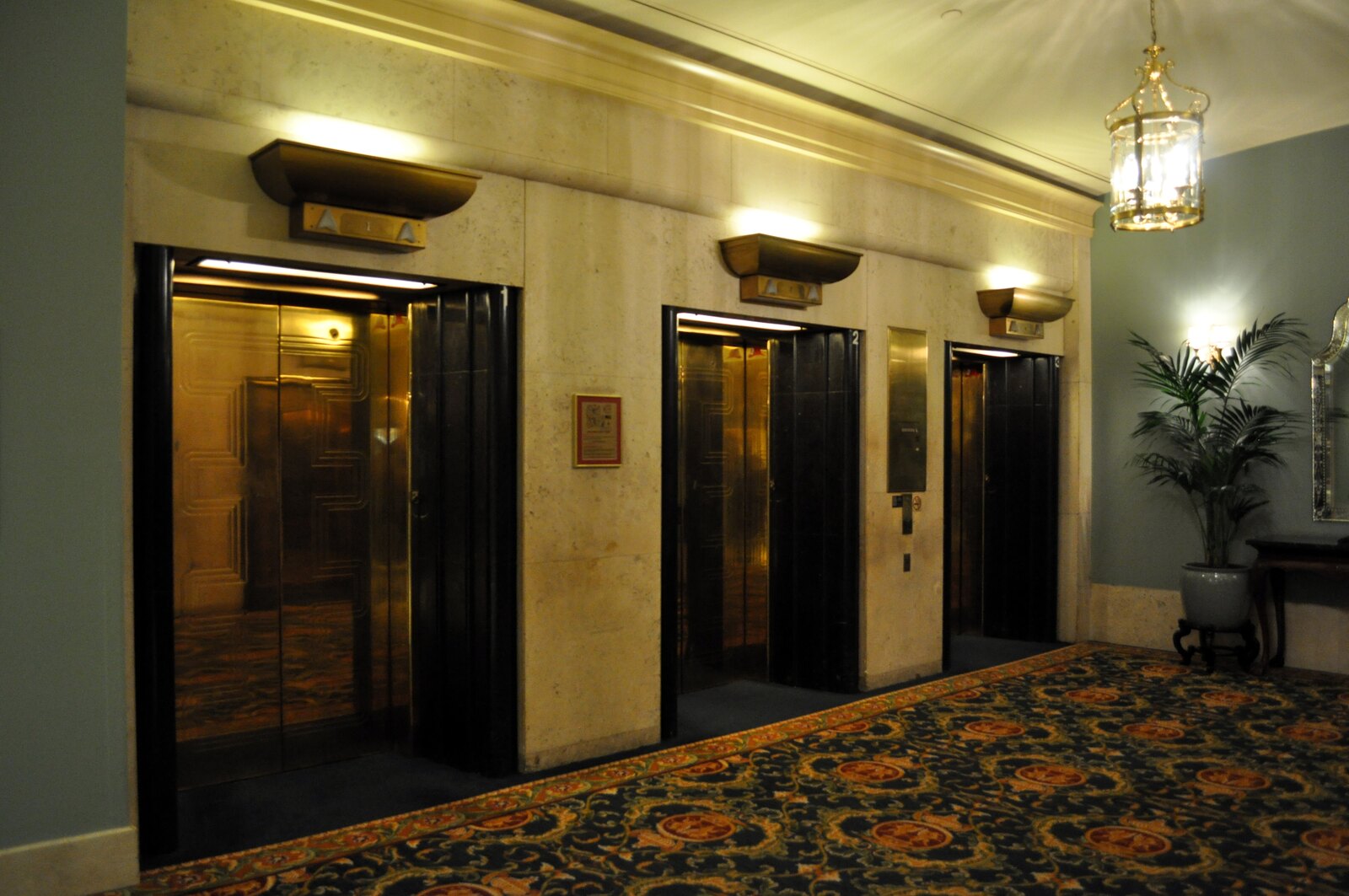 The elevator lobby inside the Hotel Vancouver