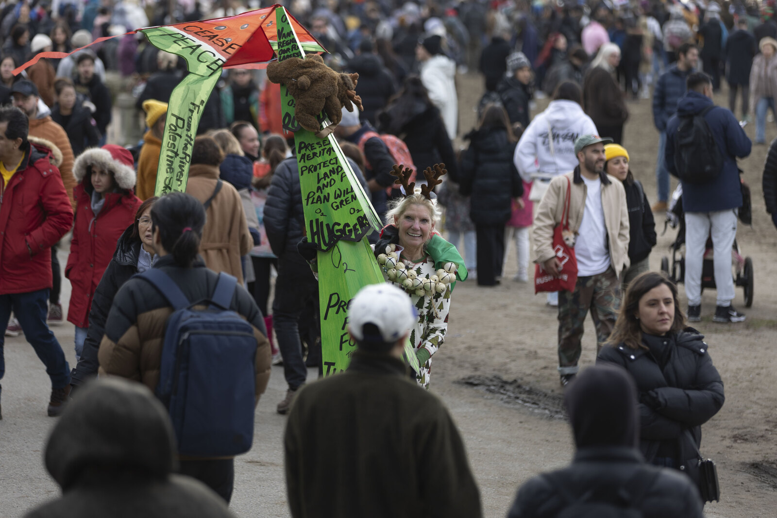 Crowds in winter coats and costumes gathering for the New Year's Day Polar Bear Swim