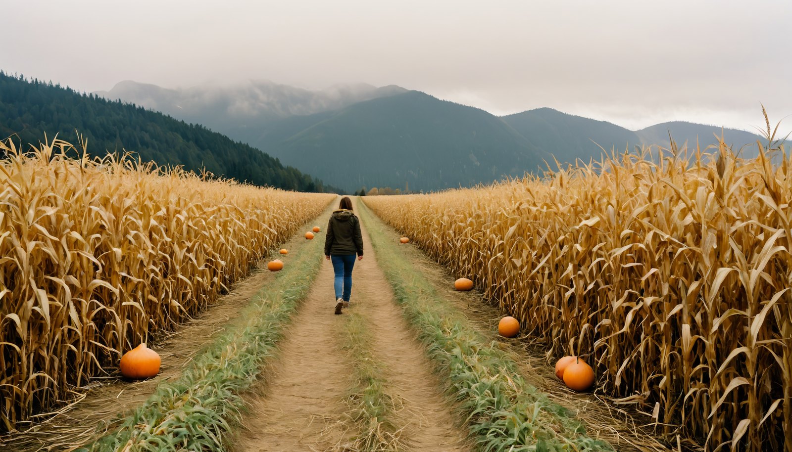 A straw-covered path between tall dry corn stalks in a corn maze, with pumpkins along the edge and misty hills behind