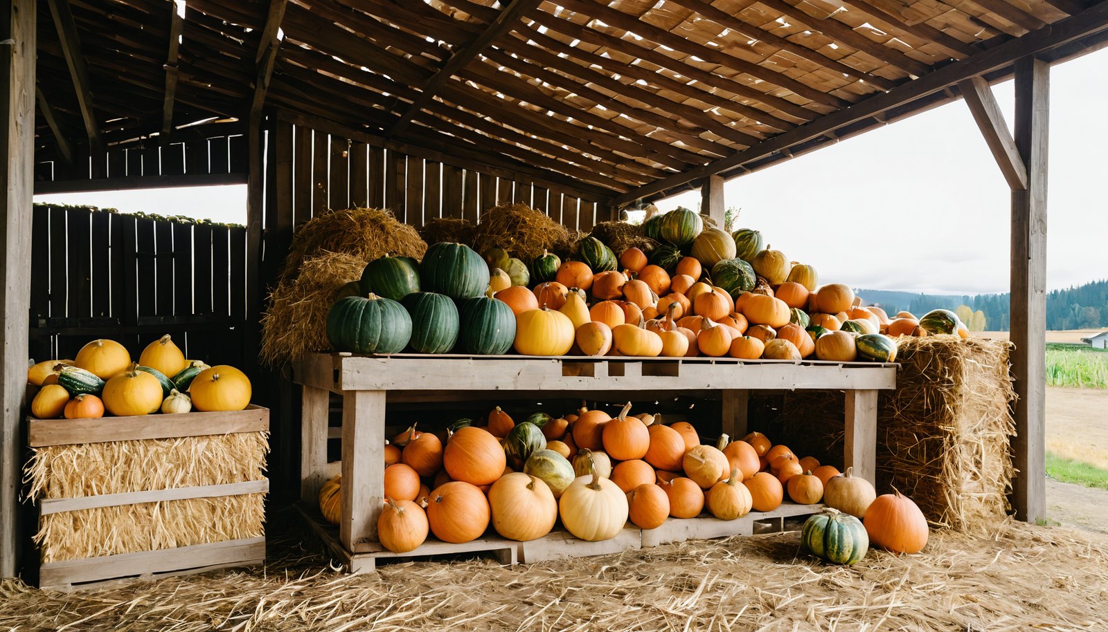 Heirloom pumpkins and squash in white, green and orange stacked on straw bales at a farm stand