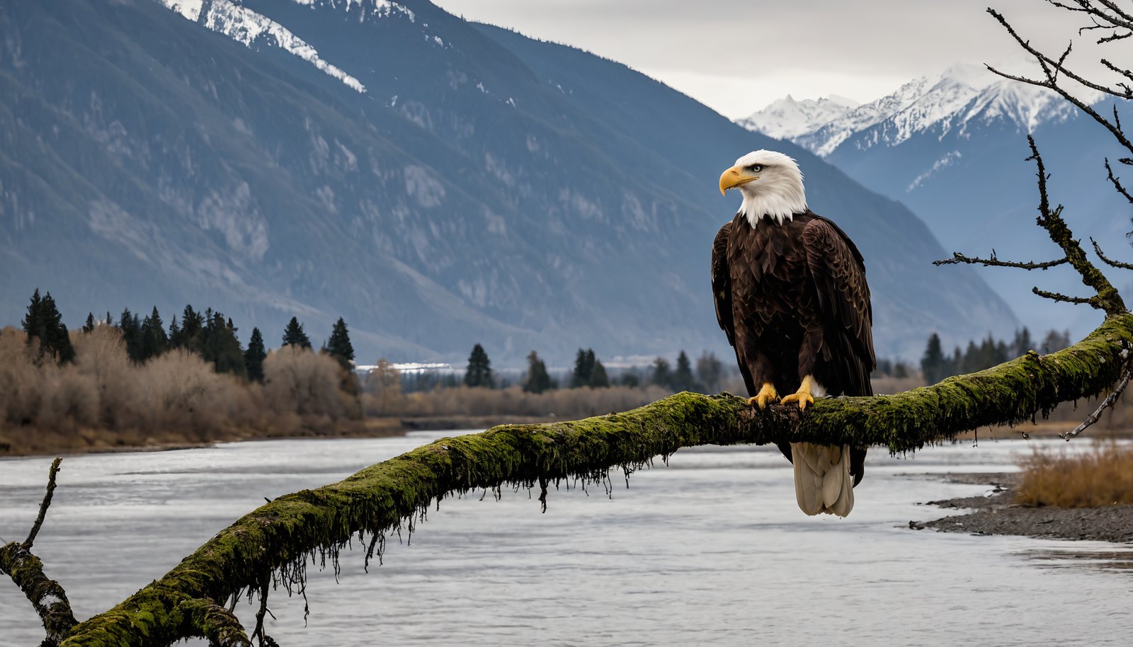 A bald eagle perched on a mossy branch above a wide braided river with snow-dusted mountains behind