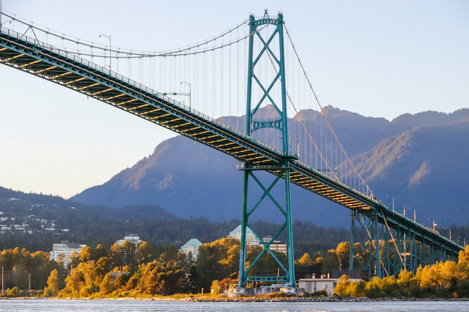 Lions Gate Bridge, Highway 99, in evening light with the North Shore mountains behind