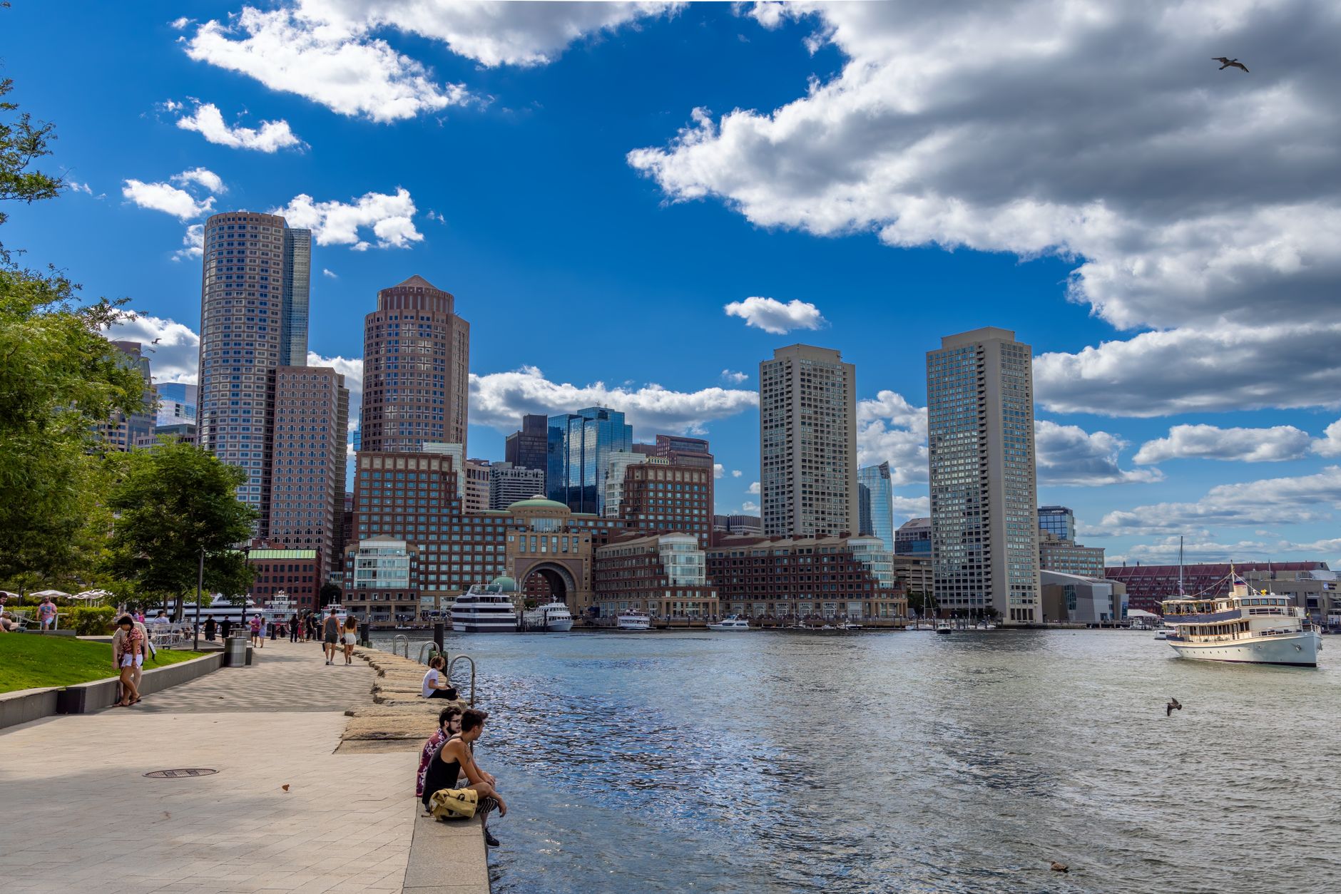 Boston harbor and downtown skyline at dusk
