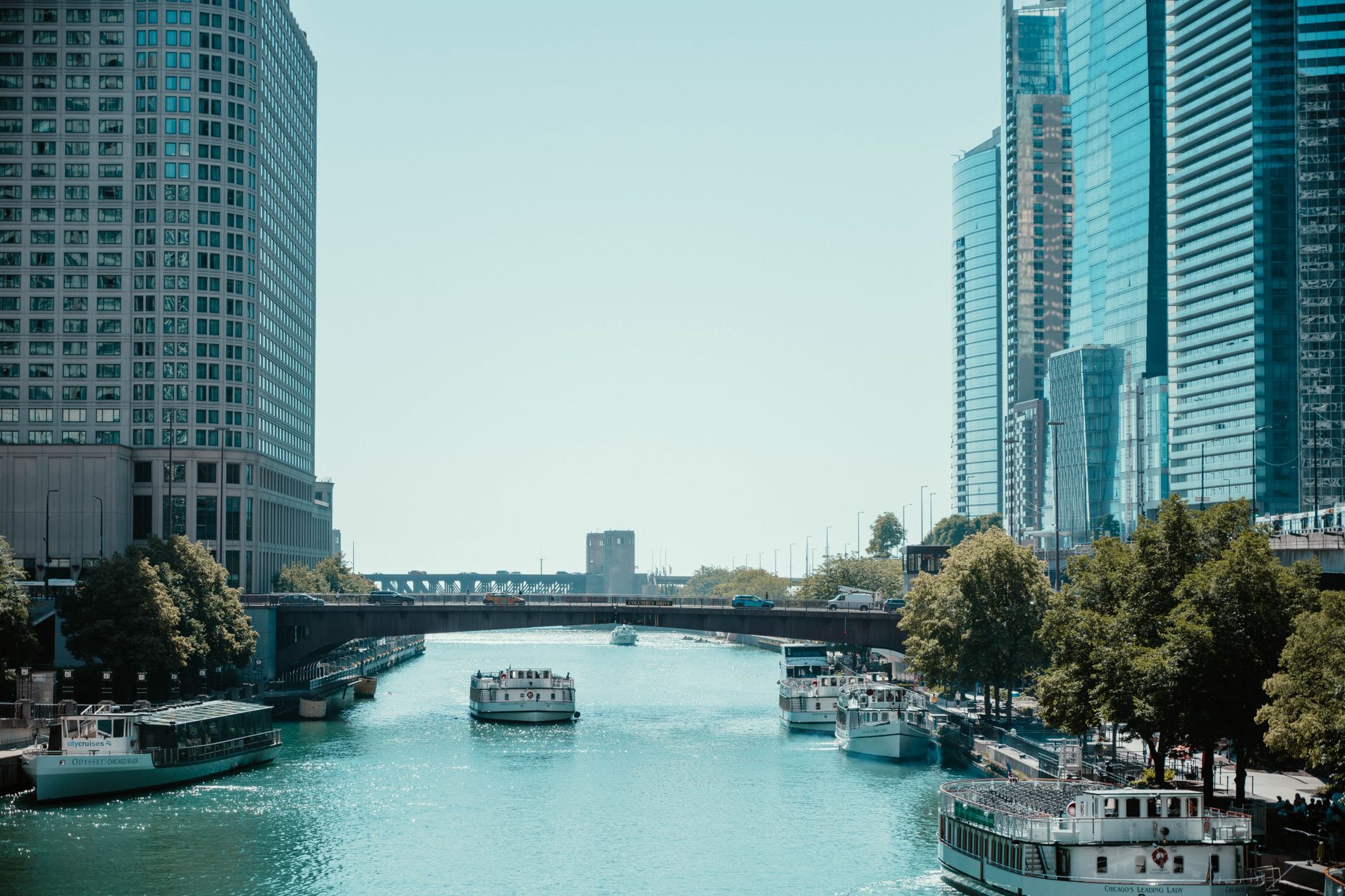 Chicago River lined with historic towers and bridges