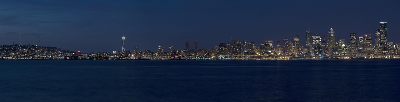 Seattle skyline with Space Needle and Mount Rainier in the distance
